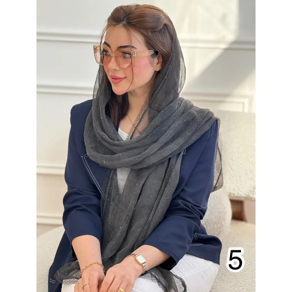 شال مجلسی حریر نگین دار حاشیه دانتل