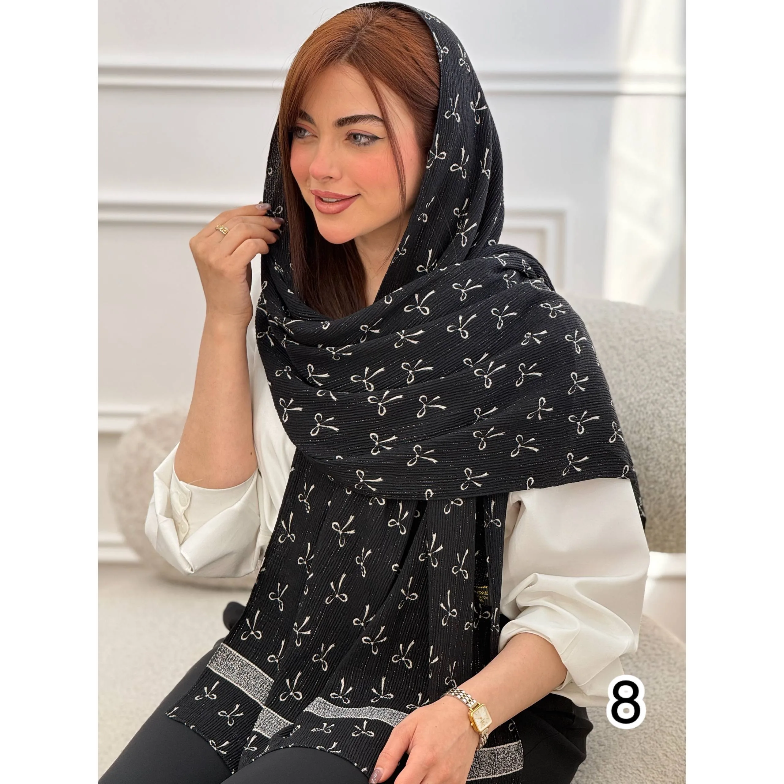 شال نخی طرحبندی مشکی سفید شاین