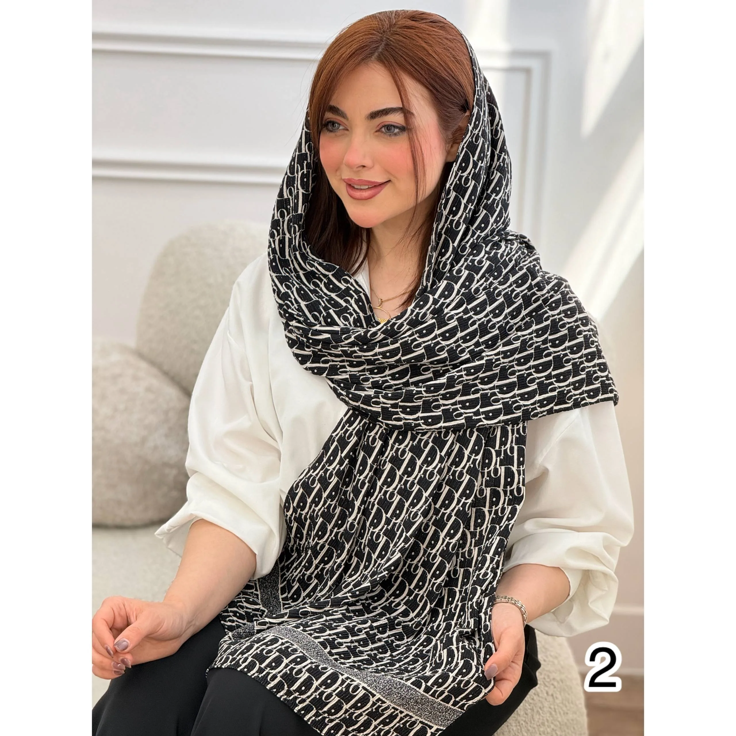 شال نخی طرحبندی مشکی سفید شاین