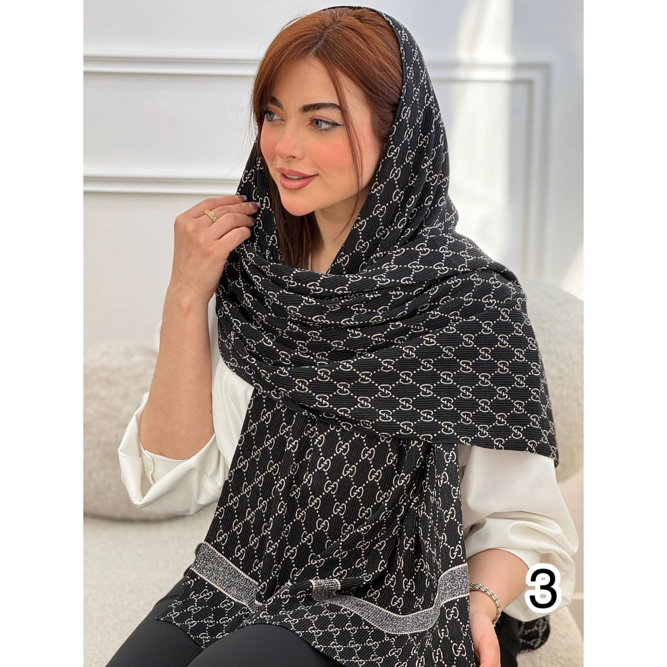 شال نخی طرحبندی مشکی سفید شاین