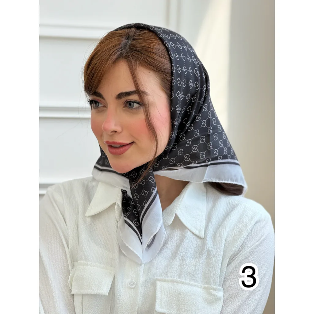 مینی اسکارف نخی طرح سفید و مشکی
