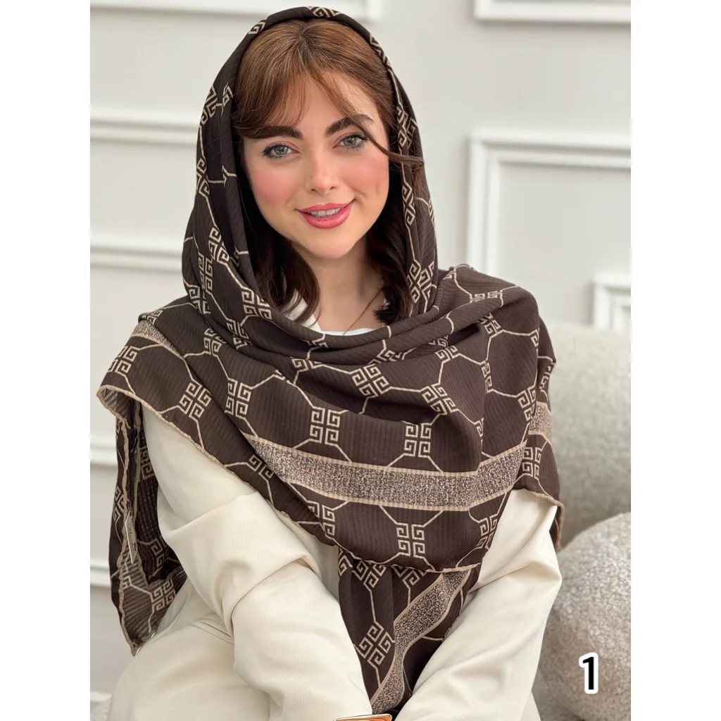 روسری نخ اسکالر طرحبندی قهوه ای